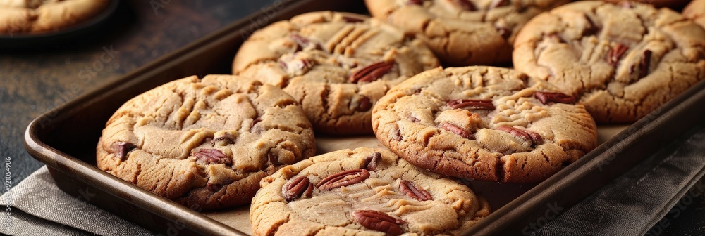 Closeup of Freshly Baked Pecan Cookies on Baking Sheet. Closeup of Freshly Baked Pecan Cookies on Baking Sheet.