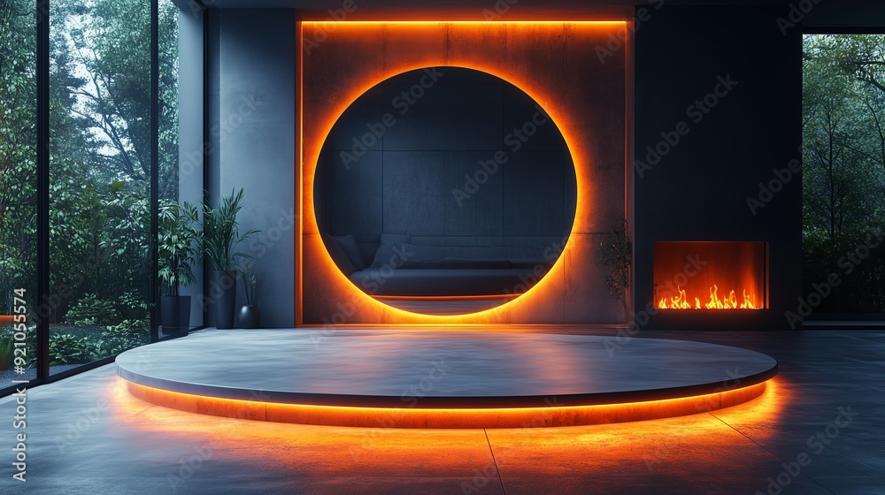 A circular podium with orange lights on the floor. A circular podium with orange lights on the floor.