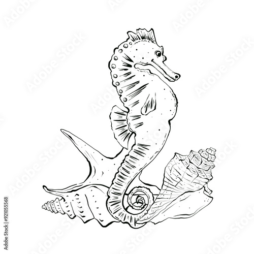 Seahorse and spiral shells. Isolated composition on a white background. Underwater world, hand drawn illustration in line art style. Design for printing on packaging, textiles, coloring.