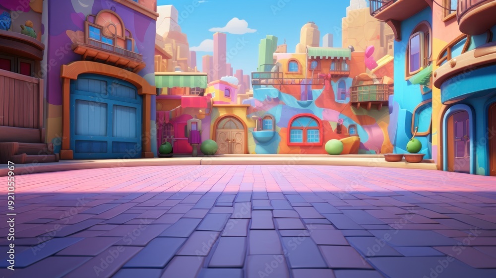 A cartoon town square with colorful buildings, a cobblestone street, and a clear blue sky. A cartoon town square with colorful buildings, a cobblestone street, and a clear blue sky.