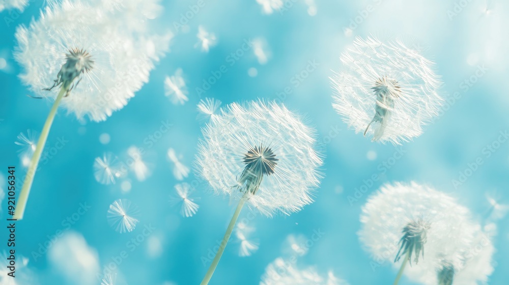 Obraz premium Dandelion fluff background for aesthetic minimalism style background. light blue , pastel color wallpaper with elegant and light flying fluffs. Fragile and lightweight
