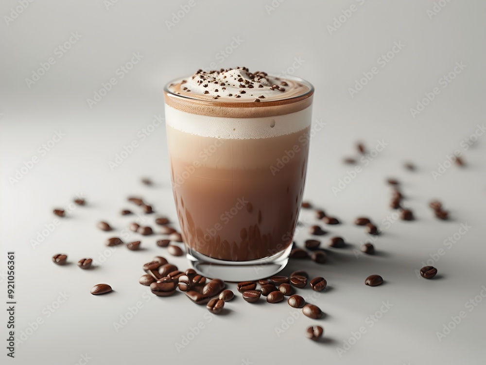 Mocha Coffee in a Clear Glass with Scattered Coffee Beans on a White Background Mocha Coffee in a Clear Glass with Scattered Coffee Beans on a White Background