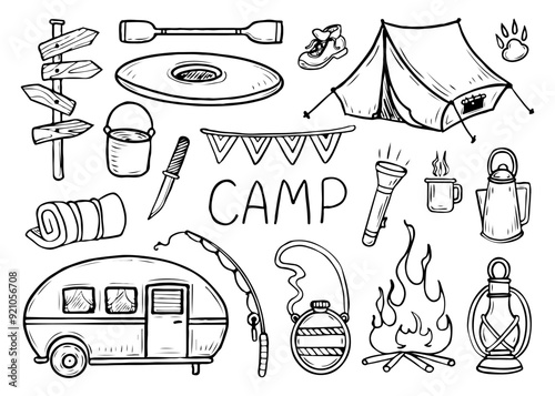 Camping in nature hand drawn in doodle style. Travel to holiday camp. Trailer, tent, kayak, campfire. Hiking in the mountain forest to the lake. Vector line art illustration.
