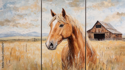 Set of 3 wall art panels with gentle horse portrait set against a serene pasture with a rustic barn and open sky, painting, close up, split into three on white background  photo