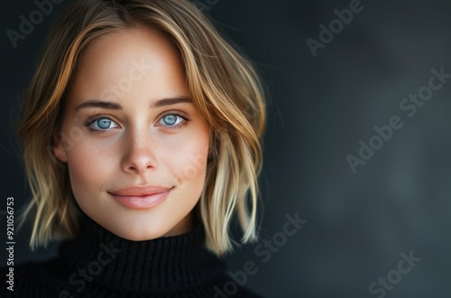 Young Woman With Short Blonde Hair and Blue Eyes in a Black Turtleneck Sweater