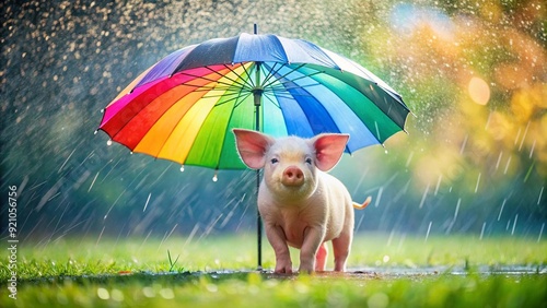 A Rainy Day Delight: A Little Piglet Under a Colorful Umbrella  Generative AI