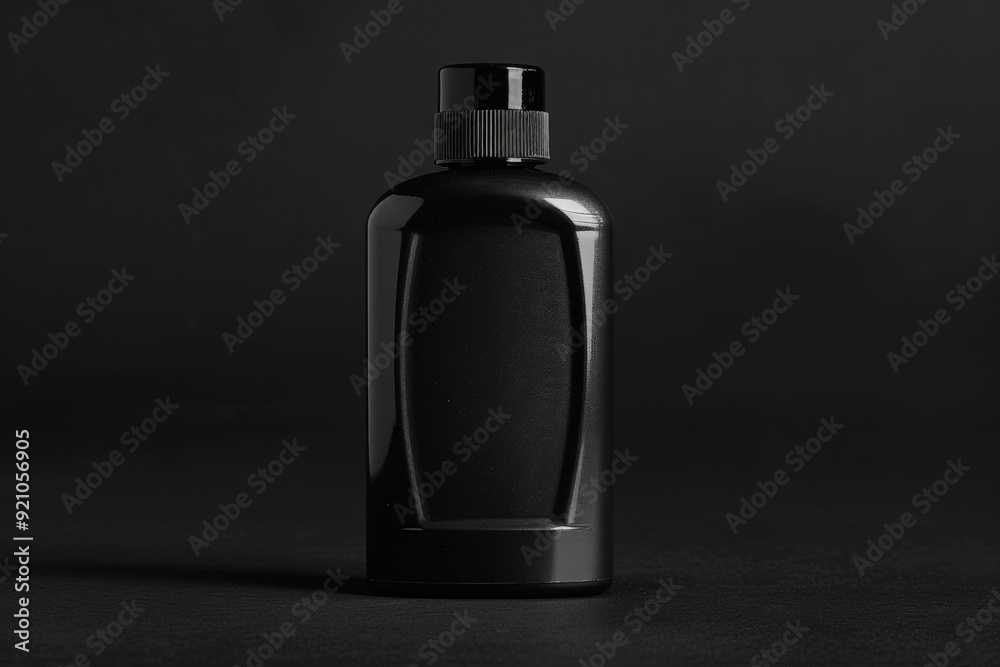 A stylish black bottle of mens shampoo stands alone, showcasing its modern design and elegance in a minimalist environment. A stylish black bottle of mens shampoo stands alone, showcasing its modern design and elegance in a minimalist environment.