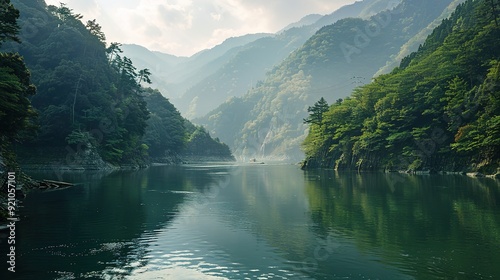 Early evening with a river surrounded by mountains