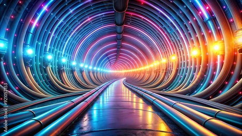 A vibrant tapestry of power cables weaving through a futuristic eco-tunnel, symbolizing the interconnectedness o  AI Generated
