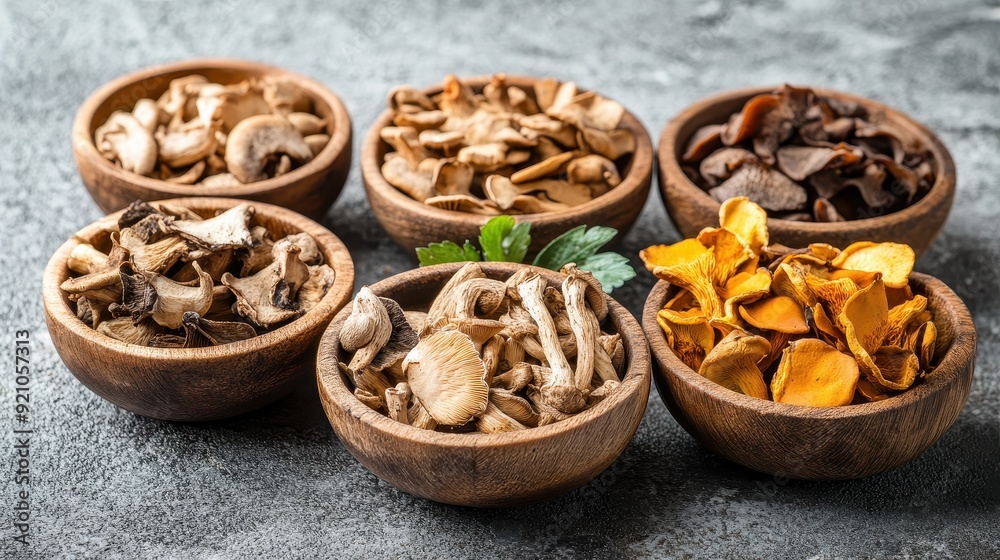 Assortment of Dried Mushrooms in Wooden Bowls Assortment of Dried Mushrooms in Wooden Bowls