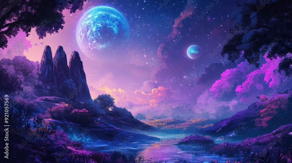 Purple and Blue Landscape with Two Moons and a River Purple and Blue Landscape with Two Moons and a River
