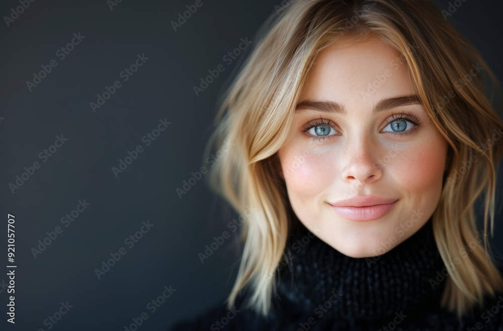 Young Woman With Short Blonde Hair and Blue Eyes in a Black Turtleneck Sweater Young Woman With Short Blonde Hair and Blue Eyes in a Black Turtleneck Sweater
