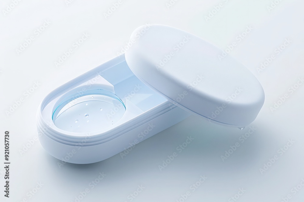 An open contact lens case displays a single lens resting in its fluid, capturing a moment of daily eye care. An open contact lens case displays a single lens resting in its fluid, capturing a moment of daily eye care.