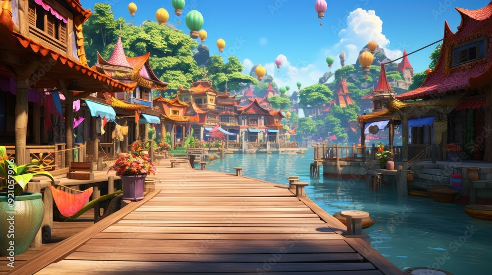 Obraz premium A picturesque scene of a colorful, cartoon-style waterfront village with wooden walkways, colorful houses, and hot air balloons.
