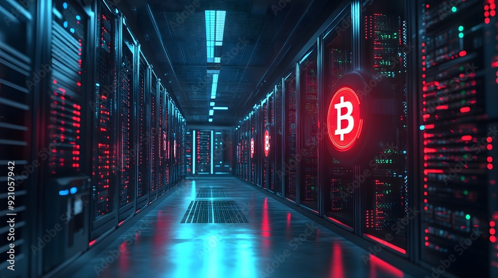 43. A visual representation of Bitcoin data being processed in a high-tech server room 43. A visual representation of Bitcoin data being processed in a high-tech server room
