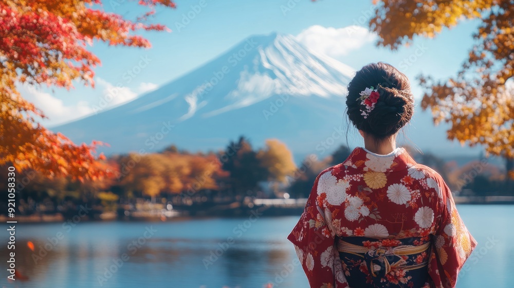 Fototapeta premium Woman in Kimono Admires Mount Fuji