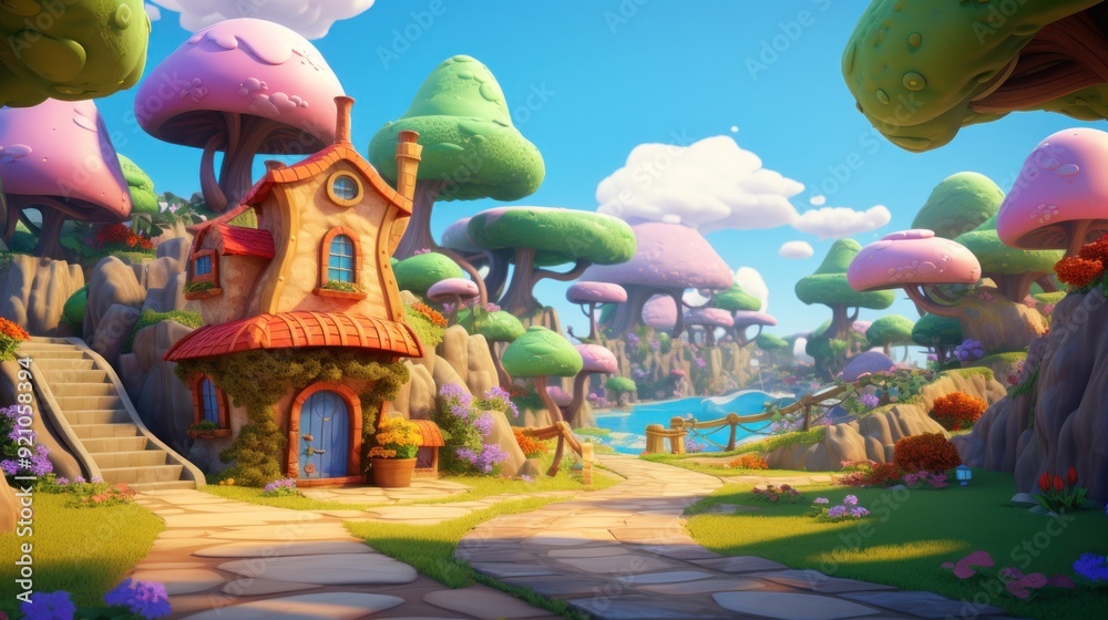 A whimsical cartoon house with a red roof sits on a hill overlooking a river in a magical forest with cartoon trees and mushroom shaped foliage.