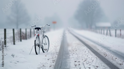 Bicycle Along a Snowy Path in Winter Near a Quiet Rural Road