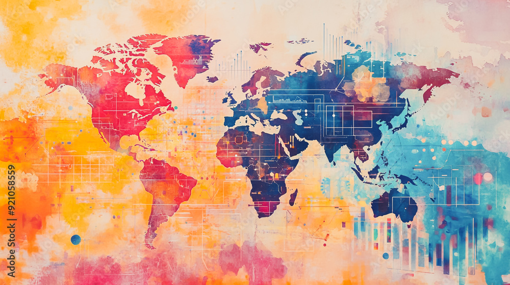 Naklejka premium watercolor of Abstract with pastel colorful charts and graphs with statistics to analyze business potential and forecast future development of companies growth. with word map.