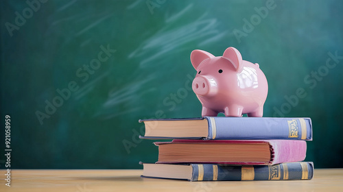 Pink Piggy Bank on Top of Stacked Books with Green Chalkboard Background, Representing Education, Savings, and Financial Planning Concepts for Students in a School or College Setting