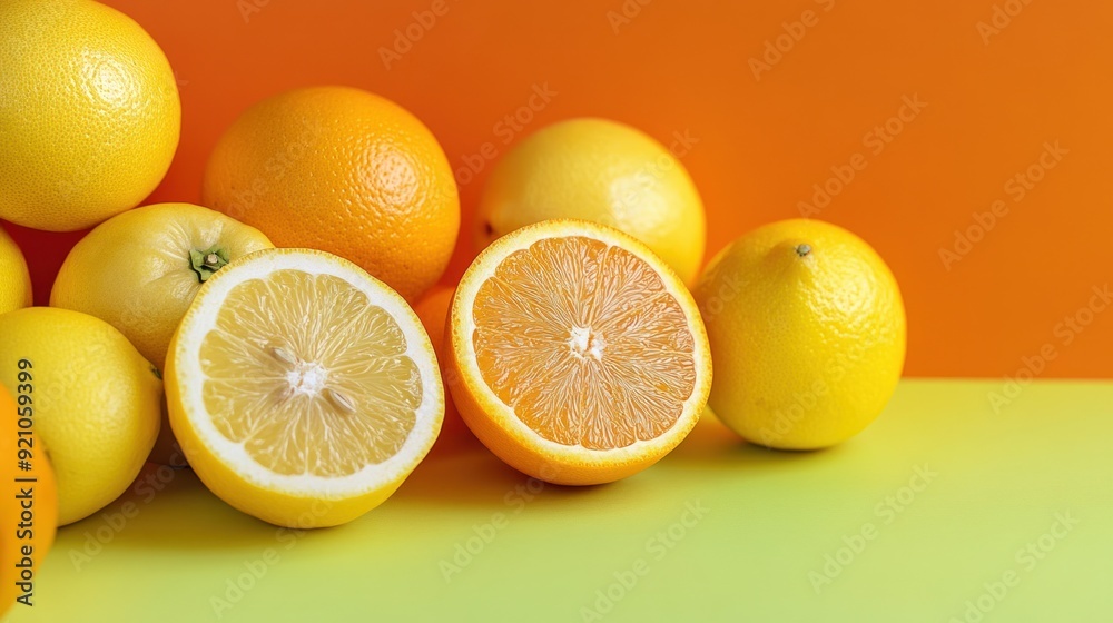 Fresh Citrus Fruits on a Green and Orange Background Fresh Citrus Fruits on a Green and Orange Background