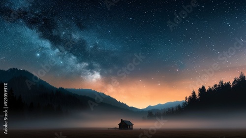 Starlit Landscape With Cabin Amidst Mountains at Dusk