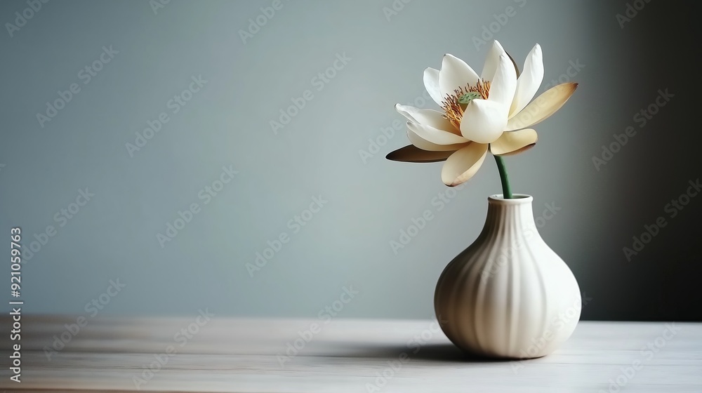 Elegant white lotus flower in a soft-toned vase on a wooden surface. Elegant white lotus flower in a soft-toned vase on a wooden surface.