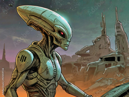Comic book style illustration of an alien creature with an elongated head walking outdoors on a planet in space with buildings in the background