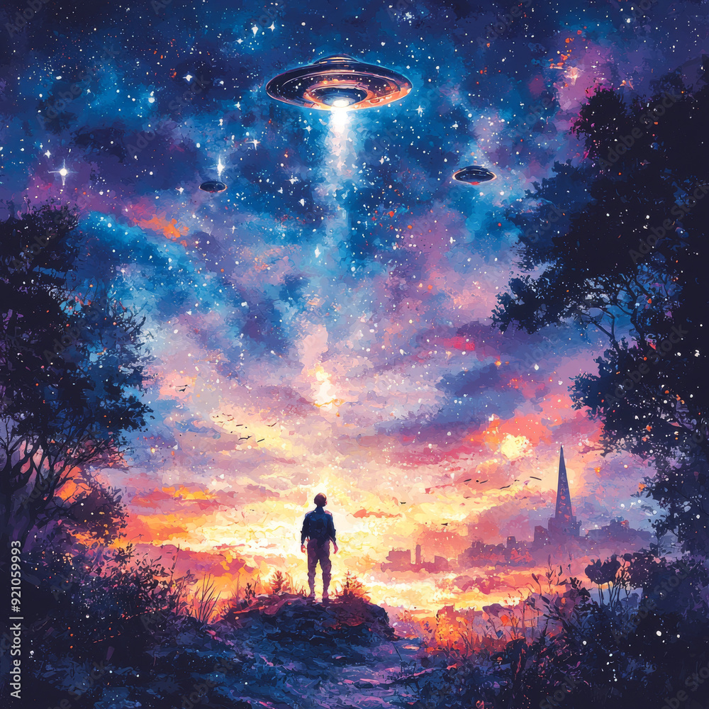 Sticker of a UFOs Descending in a Starry Sky in Playful Watercolor Sticker of a UFOs Descending in a Starry Sky in Playful Watercolor
