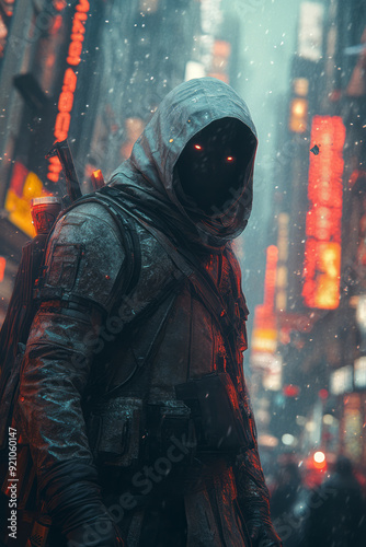 A figure in a cyberpunk outfit, highlighted by neon accents and surrounded by glowing city lights,