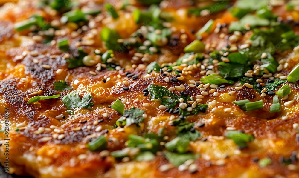 Close-up of Savory Pancake with Sesame Seeds and Greens Close-up of Savory Pancake with Sesame Seeds and Greens