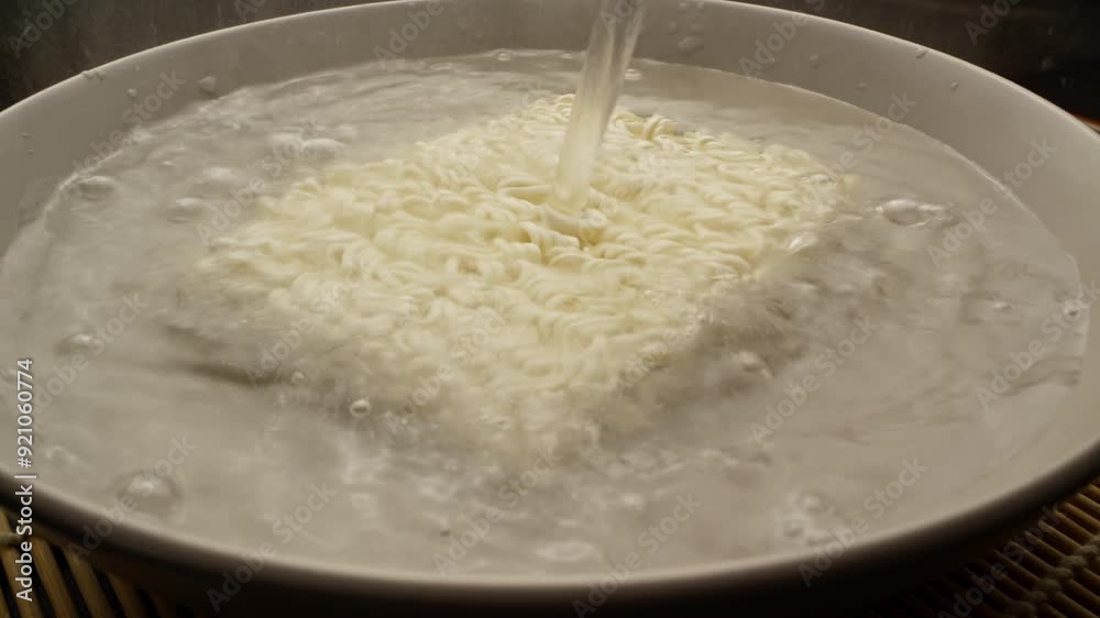 Dry noodles pouring with boiling water, expanding into savory dish. Pour boiling water on instant noodles. Cooking traditional noodle. Close-up in 4K, UHD Dry noodles pouring with boiling water, expanding into savory dish. Pour boiling water on instant noodles. Cooking traditional noodle. Close-up in 4K, UHD