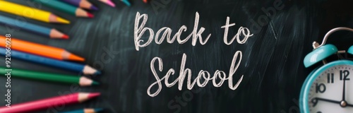 Back To School Themed Chalkboard With Colorful Pencils And A Clock