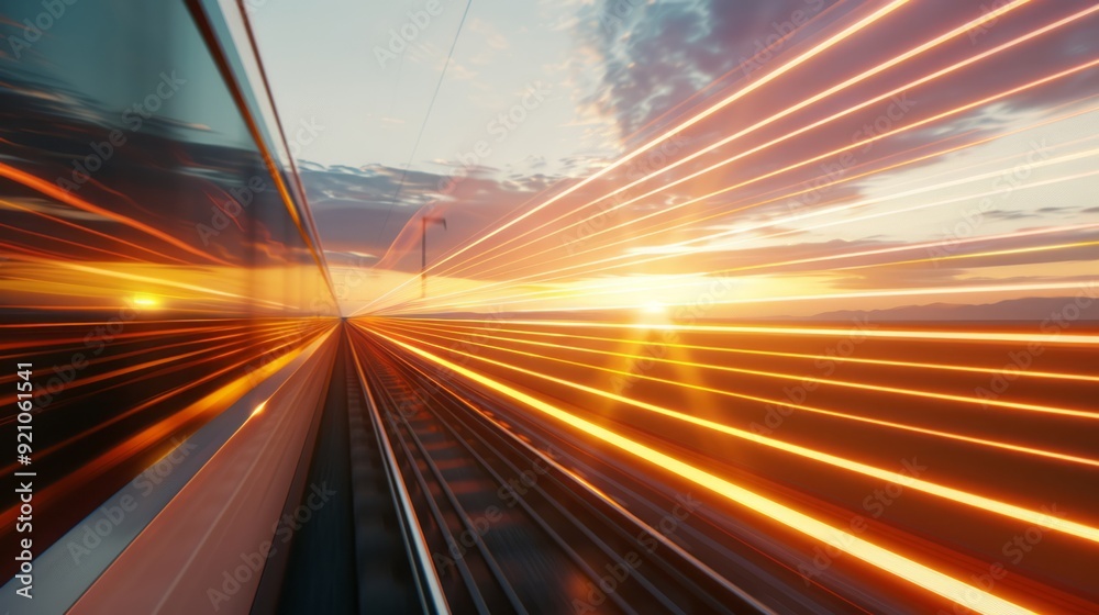 High-speed train background with sunset, fast moving lines in motion High-speed train background with sunset, fast moving lines in motion