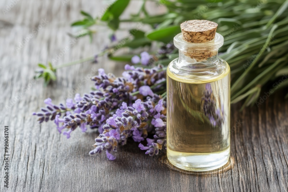 Lavender Essential Oil Bottle with Fresh Sprigs