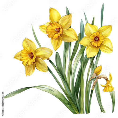 Cheerful Daffodils - Children's Watercolor Illustration on White Background