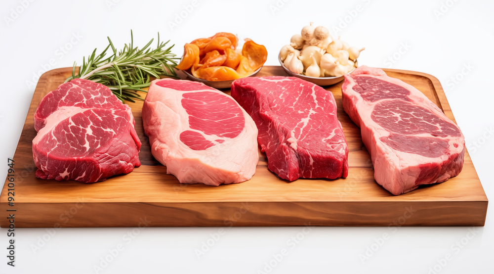Fototapeta premium Fresh Raw Meat Cuts on Wooden Board