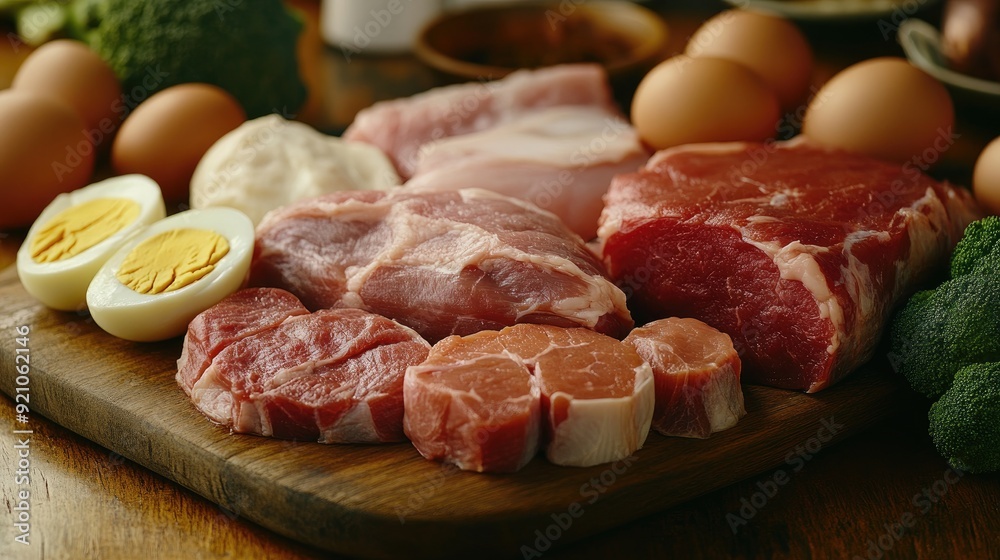 Nutrition. fresh cuts of meat, fish, eggs, bean and green broccoli, illustrating organic and nutritional options for health Nutrition. fresh cuts of meat, fish, eggs, bean and green broccoli, illustrating organic and nutritional options for health