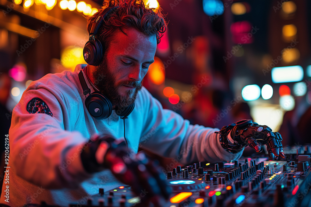 A man with a prosthetic arm working as a DJ, mixing music and creating a vibrant atmosphere at a party A man with a prosthetic arm working as a DJ, mixing music and creating a vibrant atmosphere at a party