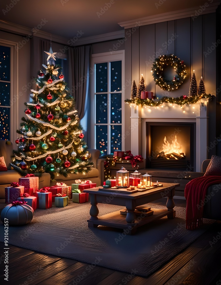 Fototapeta premium Christmas Decoration Inside Living Room At Night