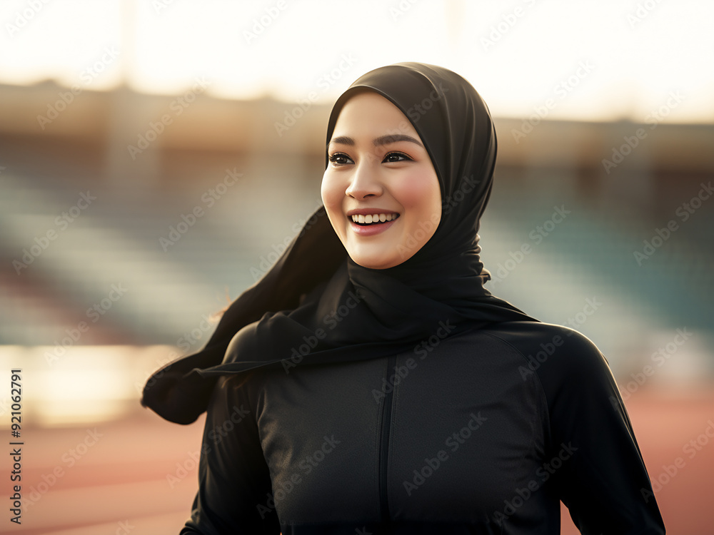 Asian Muslim woman in a black hijab exercising and running at a morning stadium Asian Muslim woman in a black hijab exercising and running at a morning stadium