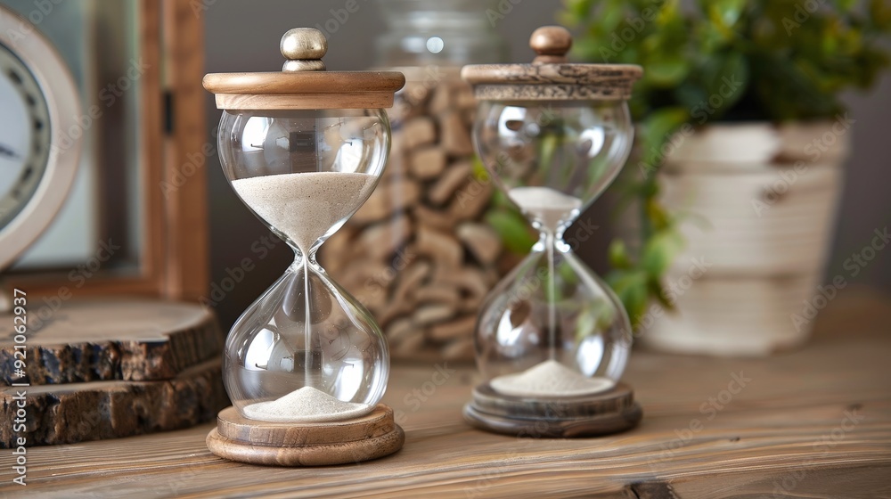 A traditional sand clock with a timeless design, featuring clear glass and classic wooden stands, ideal for any setting. A traditional sand clock with a timeless design, featuring clear glass and classic wooden stands, ideal for any setting.