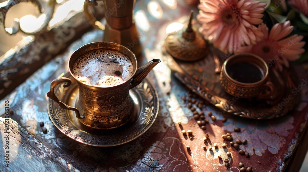 A Turkish coffee pot with a cup of Turkish coffee beside it. A Turkish coffee pot with a cup of Turkish coffee beside it.