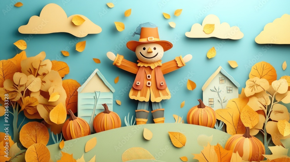 Colorful 3D Whimsical Autumn Harvest Scene in Paper Cut Style Colorful 3D Whimsical Autumn Harvest Scene in Paper Cut Style