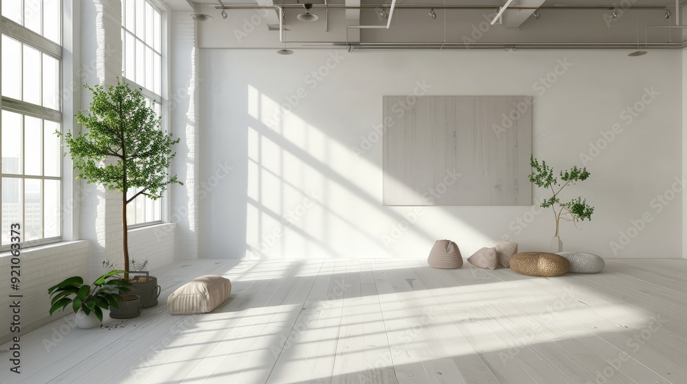 spacious loft with white walls and empty frame on the wall, mockup spacious loft with white walls and empty frame on the wall, mockup