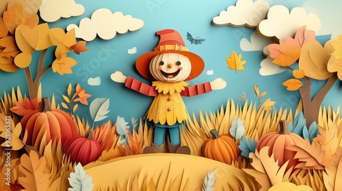 Colorful 3D Whimsical Autumn Harvest Scene in Paper Cut Style