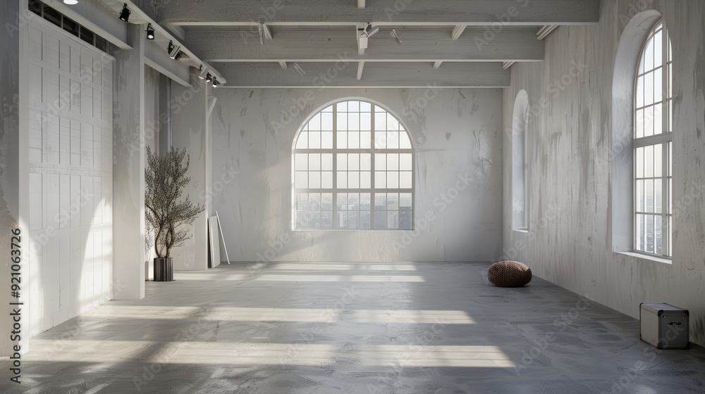spacious loft with white walls and empty frame on the wall, mockup spacious loft with white walls and empty frame on the wall, mockup
