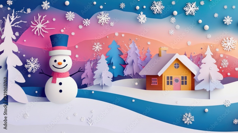 Colorful 3D Whimsical Winter Wonderland in Paper Cut Style Colorful 3D Whimsical Winter Wonderland in Paper Cut Style