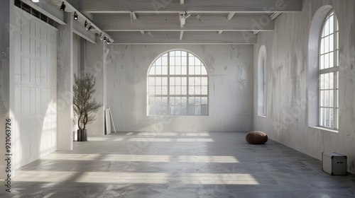 spacious loft with white walls and empty frame on the wall, mockup