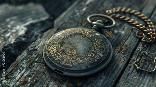 A weathered pocket watch, with a beautifully engraved cover and a worn chain, telling stories of its long journey through time.